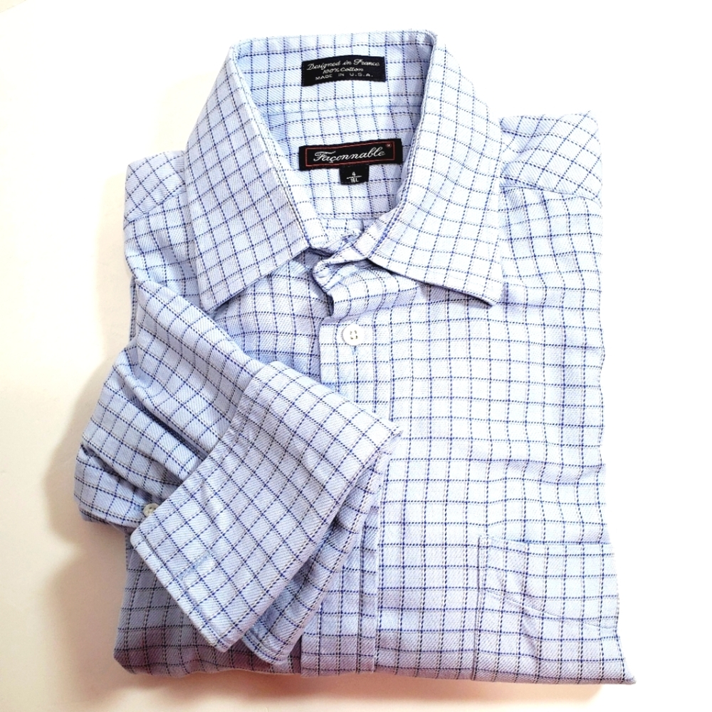 Faconnable Blue Check Men's Dress Shirt 16.5-35" French Cuffs Spead Collar
